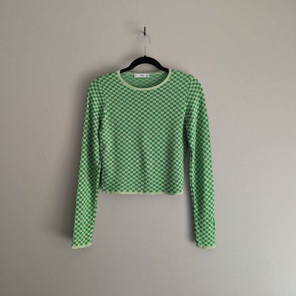 Mango Green Checkered Cropped Knit Sweater - Picture 4 of 6
